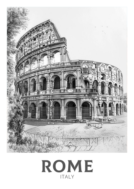 Affiche de voyage noir et blanc de Rome - Illustration d'Italie