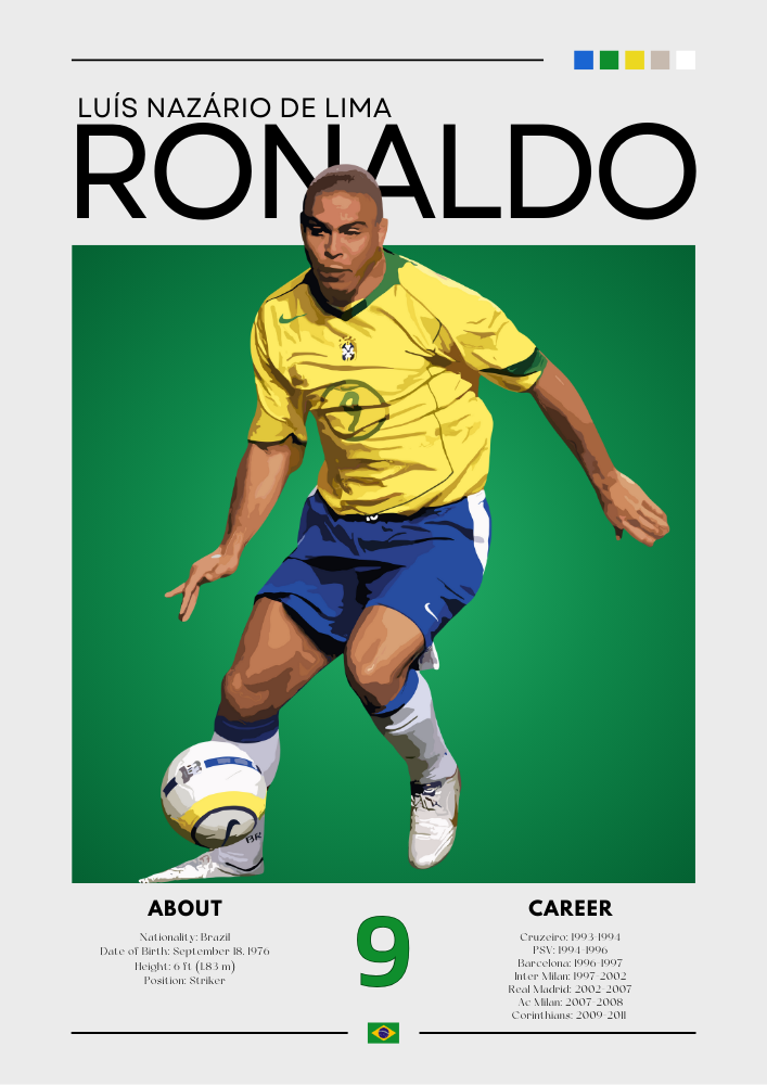 Ronaldo R9 Print - Illustration de football emblématique de Ronaldo Nazário