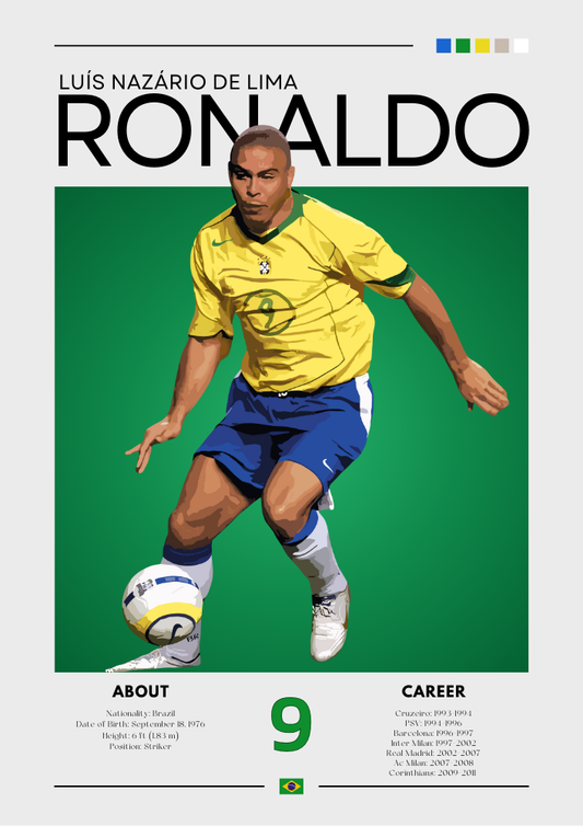 Ronaldo R9 Print - Illustration de football emblématique de Ronaldo Nazário