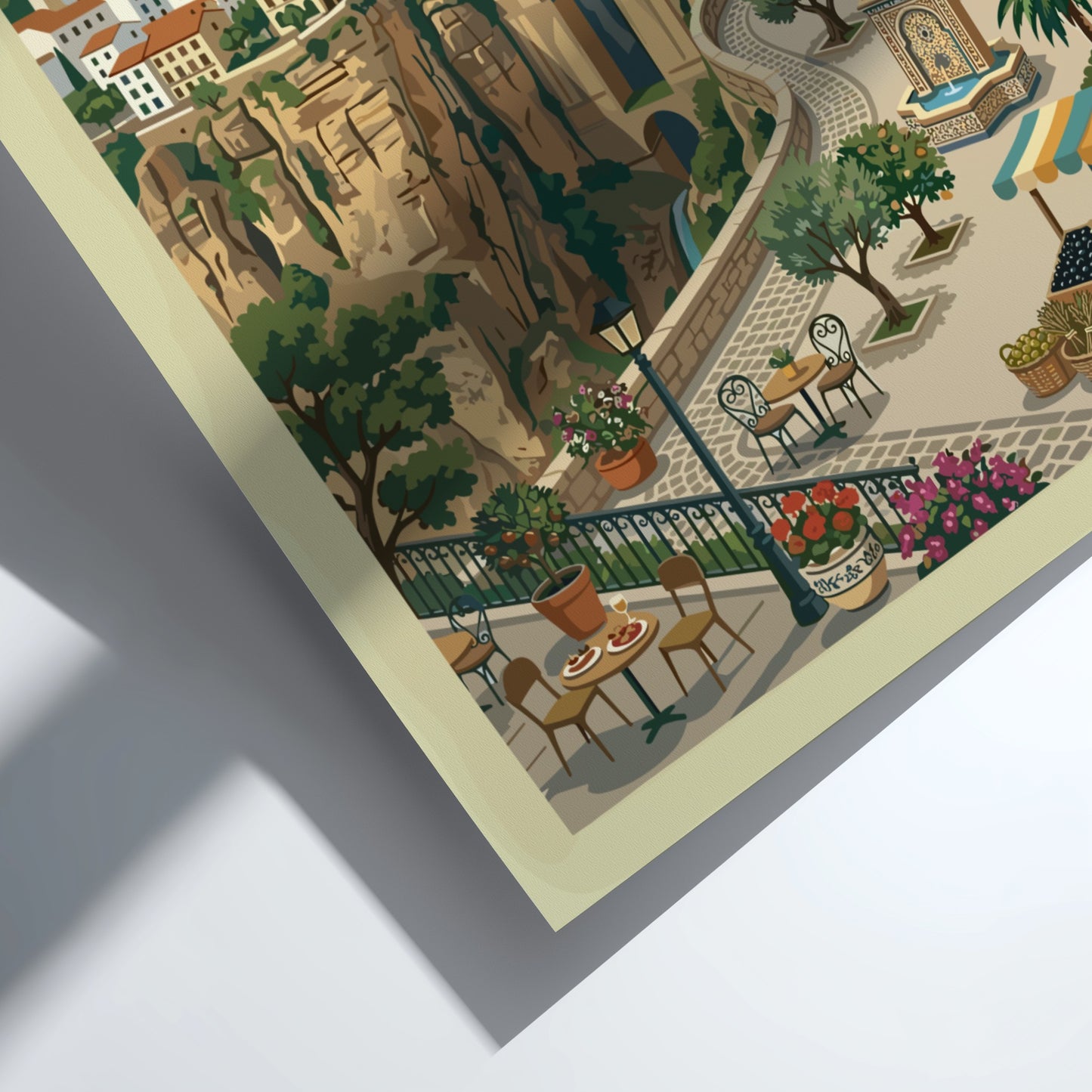 Vintage travel poster of Ronda, Spain, showing the Puente Nuevo bridge and white-washed town. Warm colors,