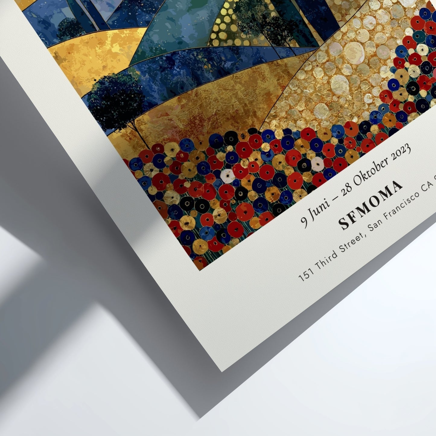 Poster inspired by Gustav Klimt featuring vibrant colors and intricate patterns in a lush landscape