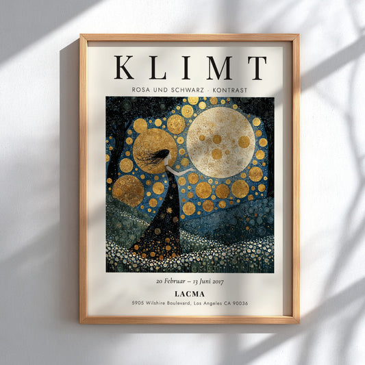 Rosa und Schwarz poster inspired by Gustav Klimt featuring black and gold colors, elegant design, and