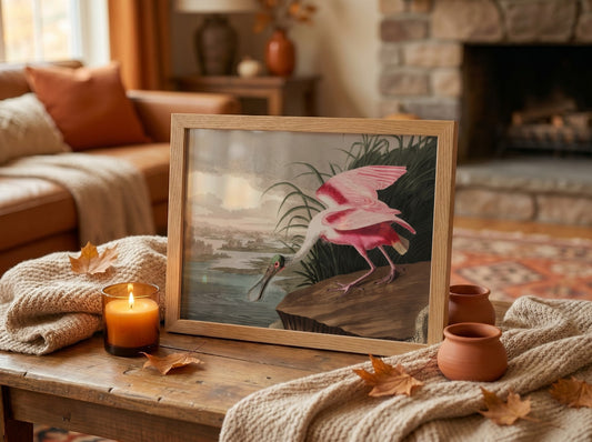 Roseate Spoonbill art poster featuring pink hues and vintage style, ideal for nature decor