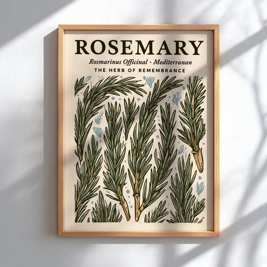 Kitchen poster featuring rosemary sprigs in green tones, botanical style, perfect for home decor