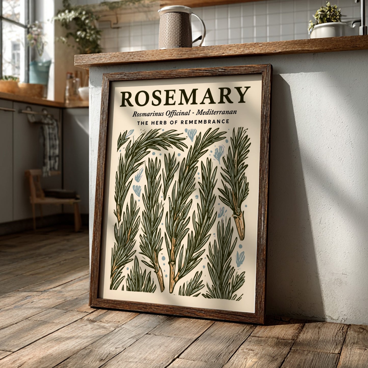 Kitchen poster featuring rosemary sprigs in green tones, botanical style, perfect for home decor