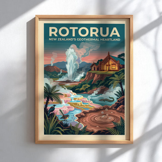 Travel poster of Rotorua New Zealand showing a geyser, traditional house, and birds.