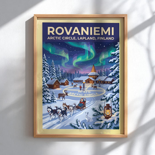 Travel poster of Rovaniemi featuring northern lights over an Arctic Circle village and huskies