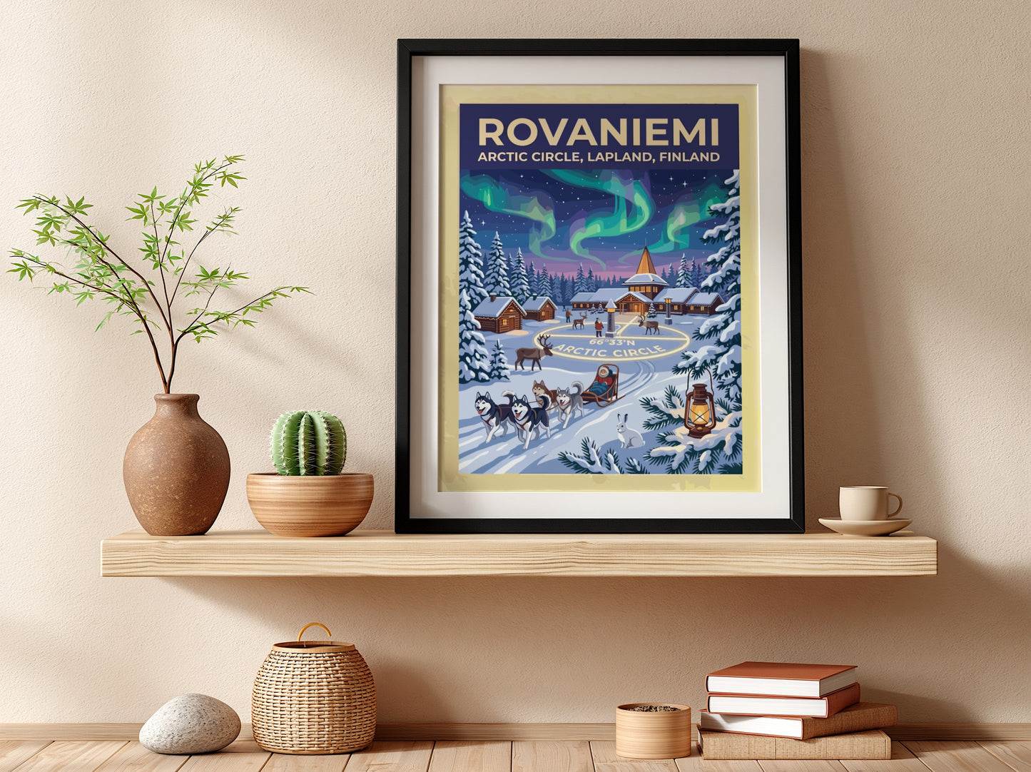 Travel poster of Rovaniemi featuring northern lights over an Arctic Circle village and huskies