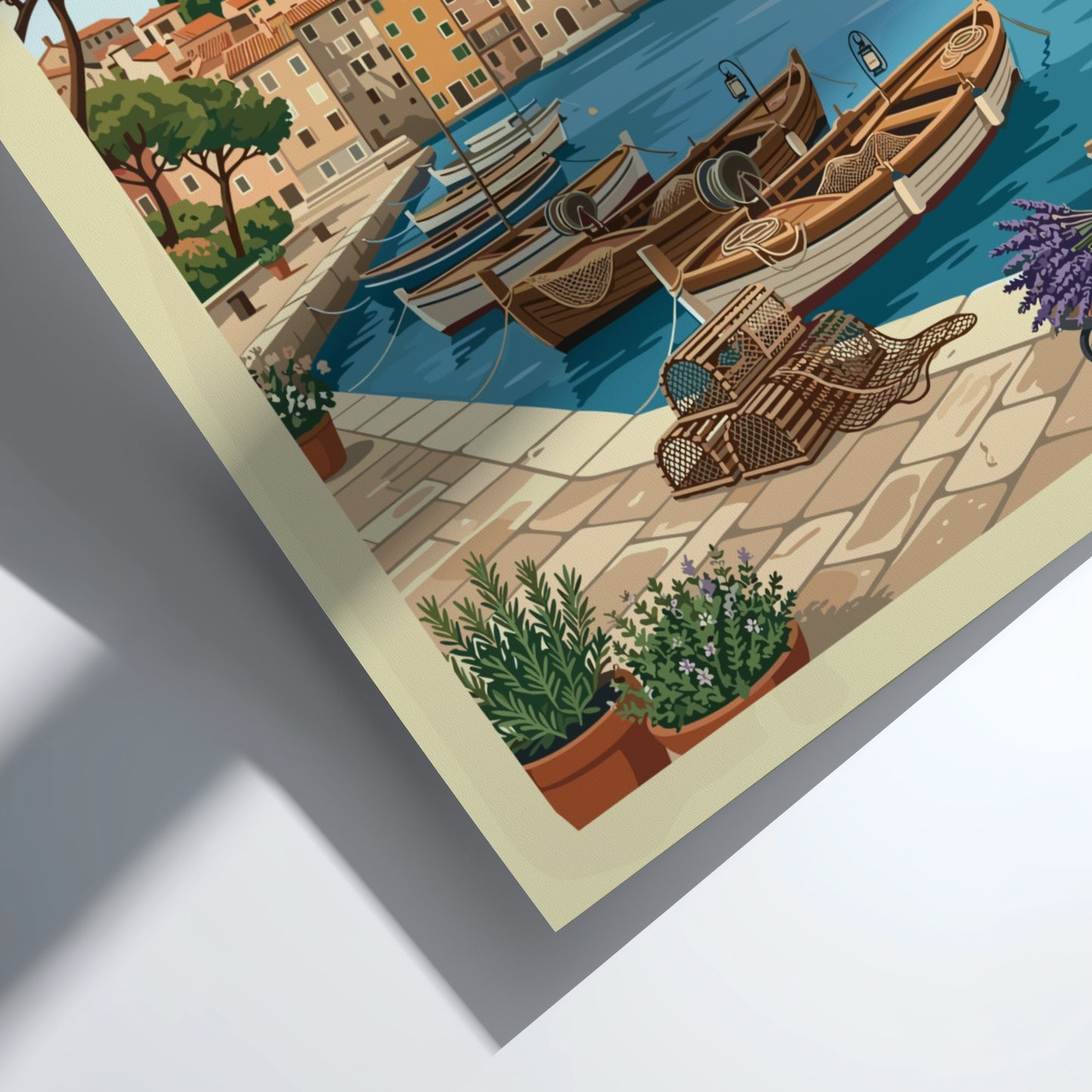Rovinj travel poster featuring a colorful coastal town and fishing boats in Croatia, vintage travel art style.