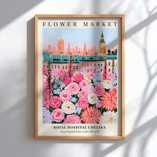Floral art print featuring pink and white flowers with London skyline in the background
