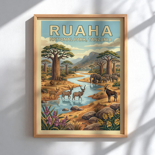 Wildlife poster featuring Ruaha National Park with elephants and antelopes in earthy tones, perfect for