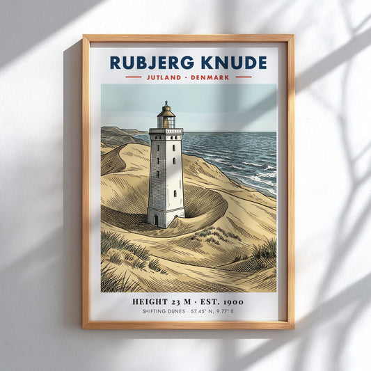 Poster of the Rubjerg Knude lighthouse standing among shifting sandy dunes in Denmark.