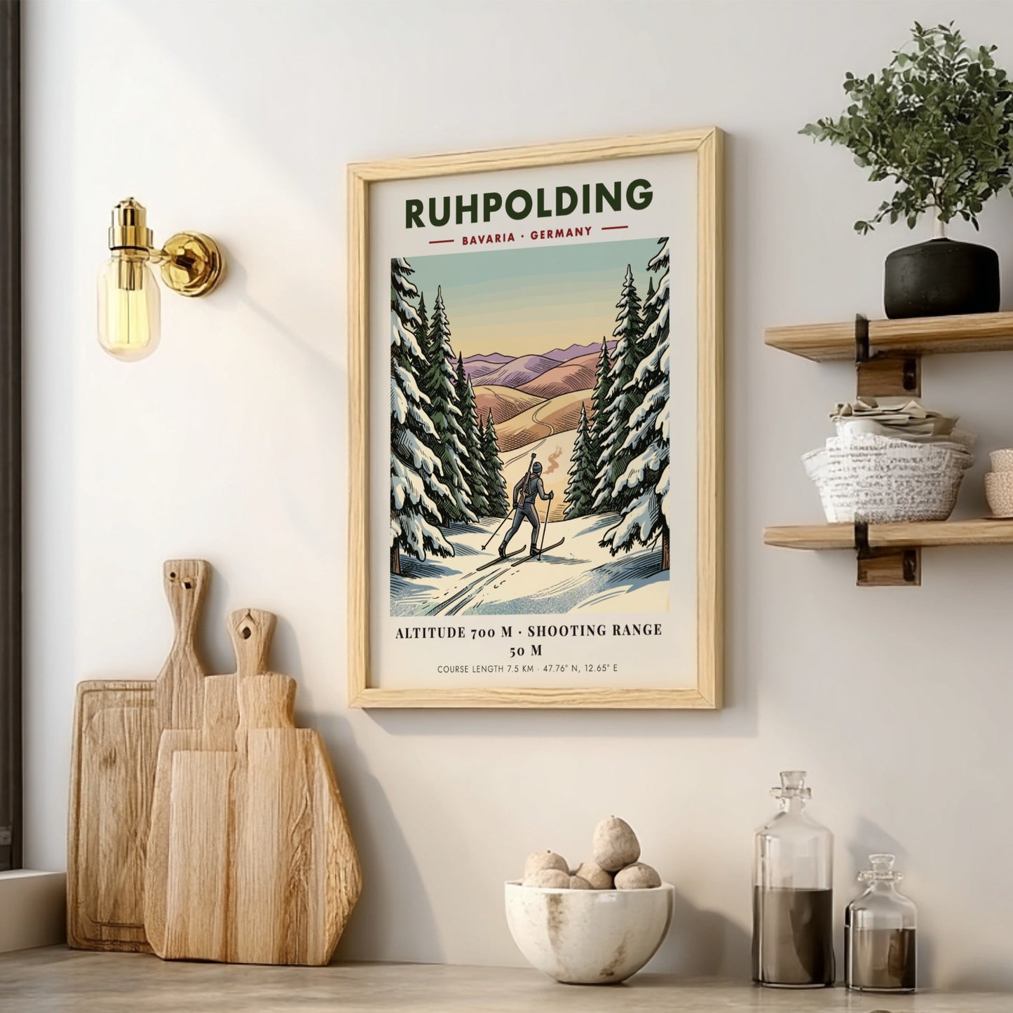 Poster of a biathlete skiing through a snowy Bavarian forest in Ruhpolding Germany.