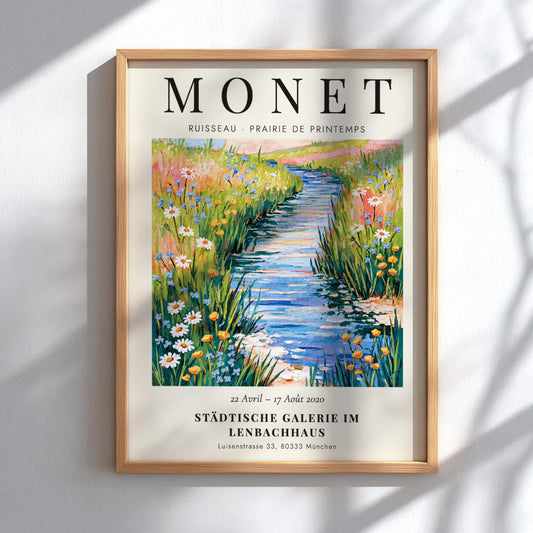 Monet inspired poster featuring a vibrant spring meadow with wildflowers and a stream