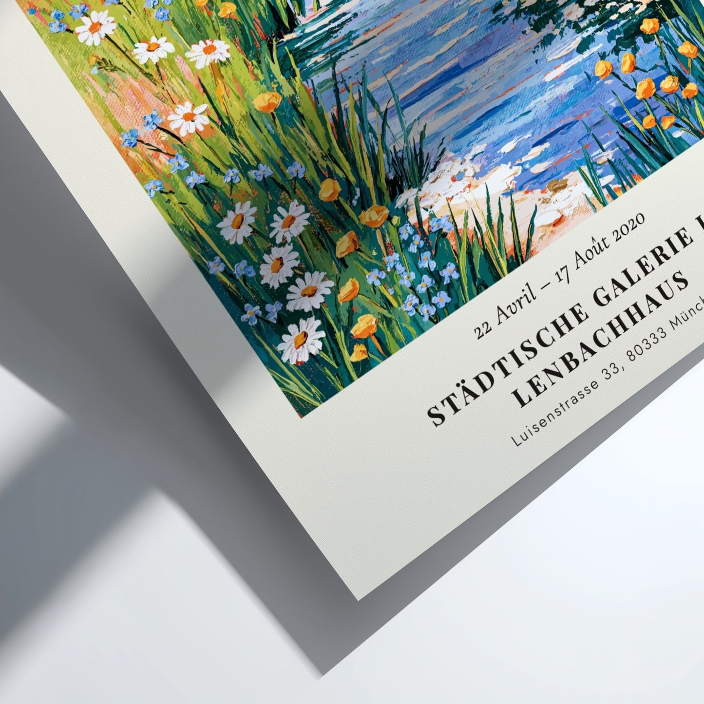 Monet inspired poster featuring a vibrant spring meadow with wildflowers and a stream