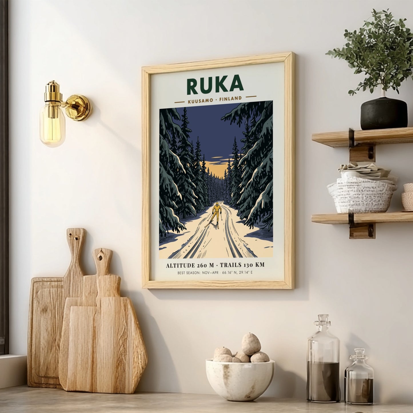 Poster featuring a lone skier on a snowy trail through Ruka Finland forest