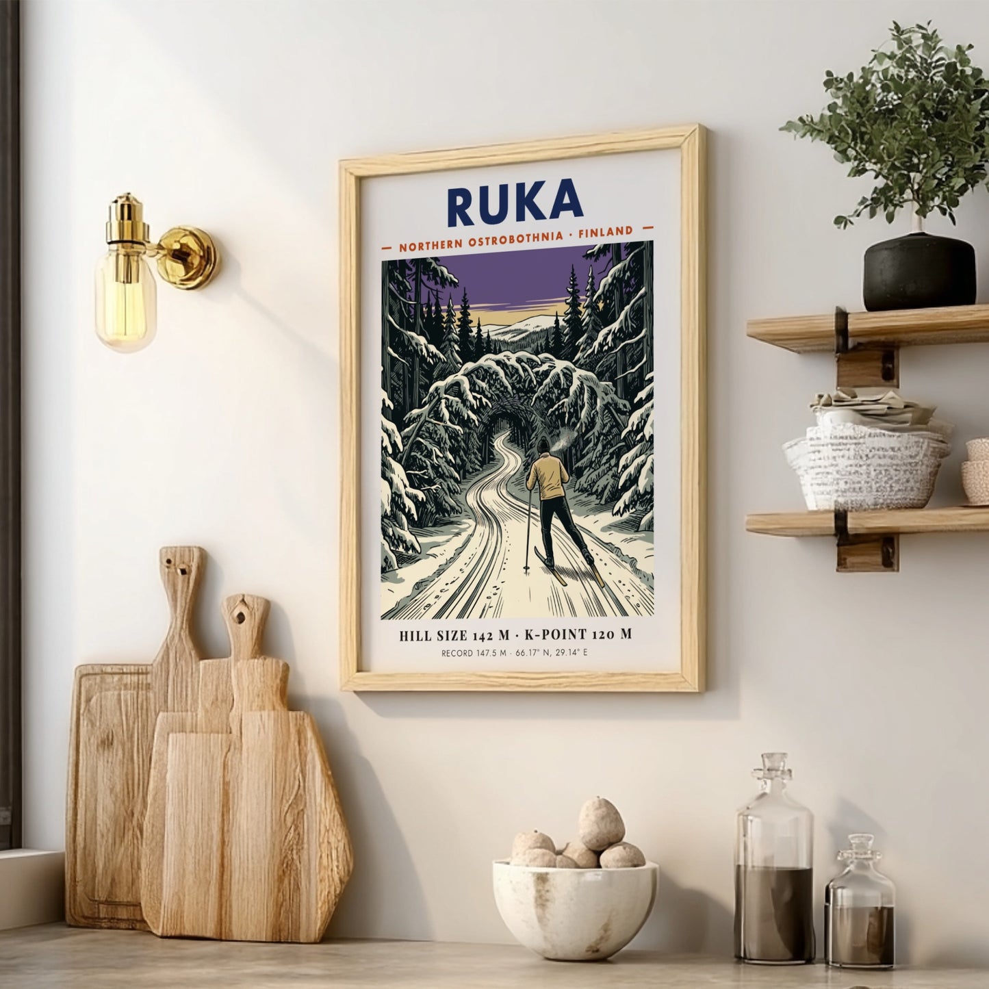 Poster of a cross-country skier in a purple and white snowy Ruka forest