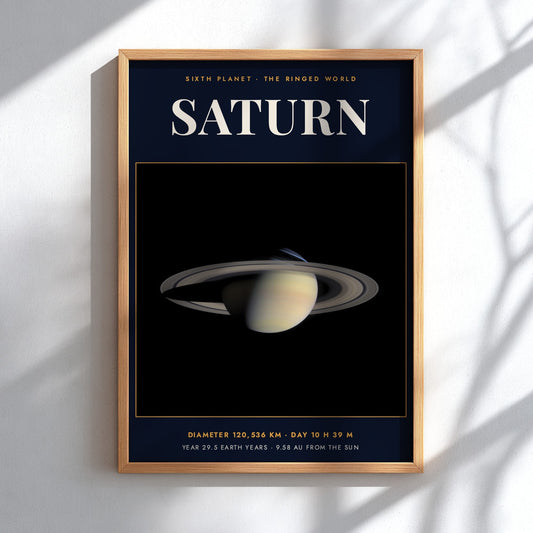 Poster of Saturn showing the planet with rings on a dark navy background.