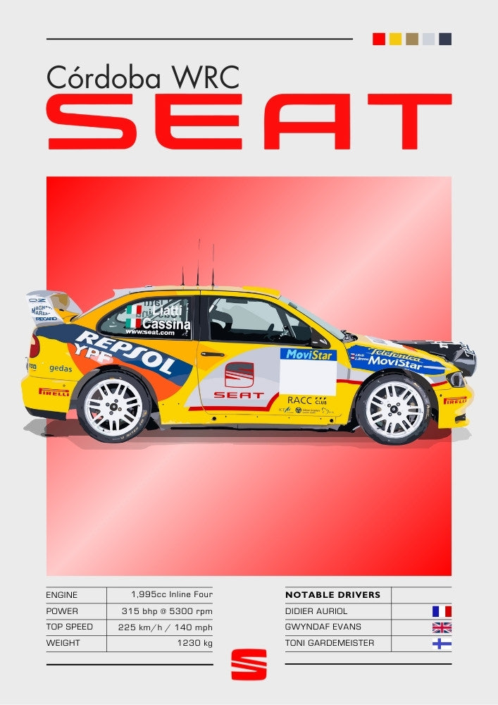 Affiche SEAT Córdoba WRC – Art automobile du Championnat du monde des rallyes de la fin des années 90