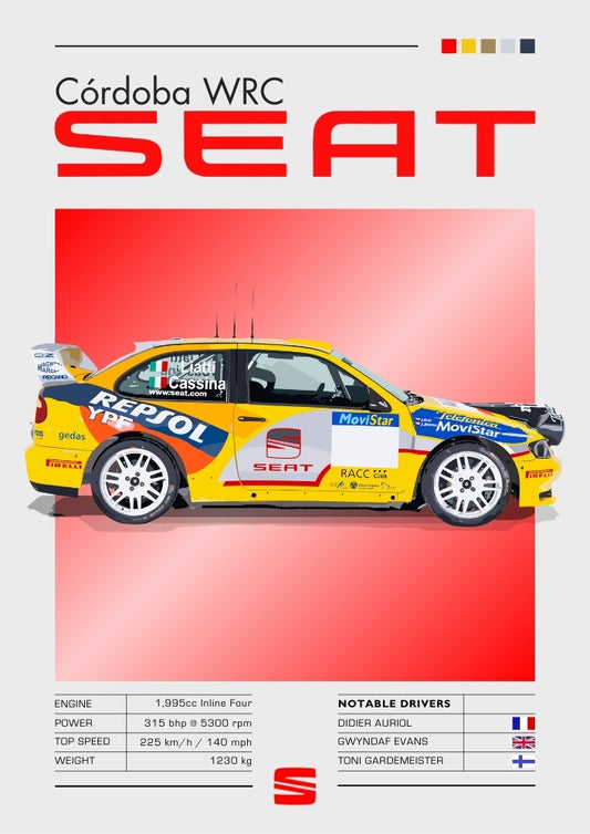 Affiche SEAT Córdoba WRC – Art automobile du Championnat du monde des rallyes de la fin des années 90