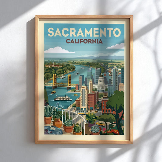 Sacramento skyline illustration with Tower Bridge, State Capitol, and river in a retro style.