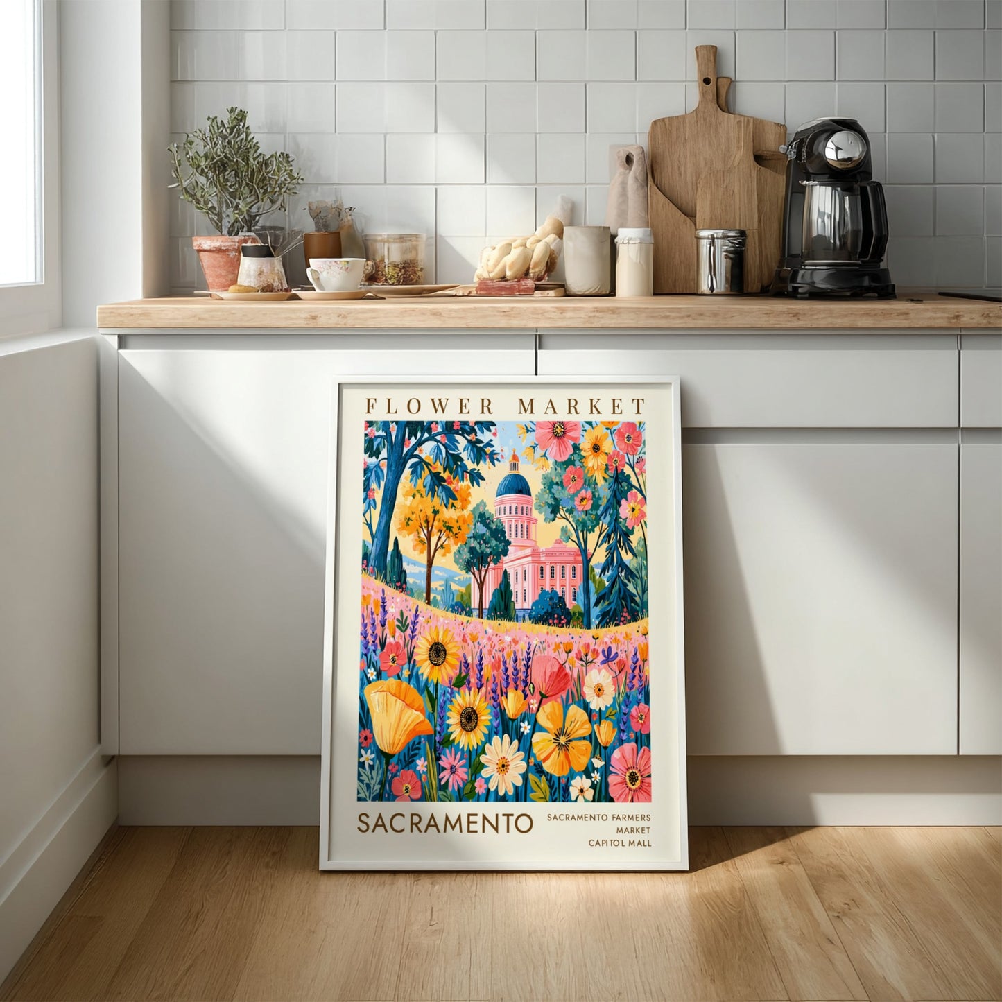 Flower market poster showcasing vibrant wildflowers and Sacramento cityscape in bright colors