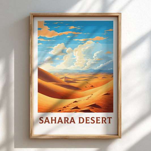 Framed poster of the Sahara Desert with a wooden frame on a light background