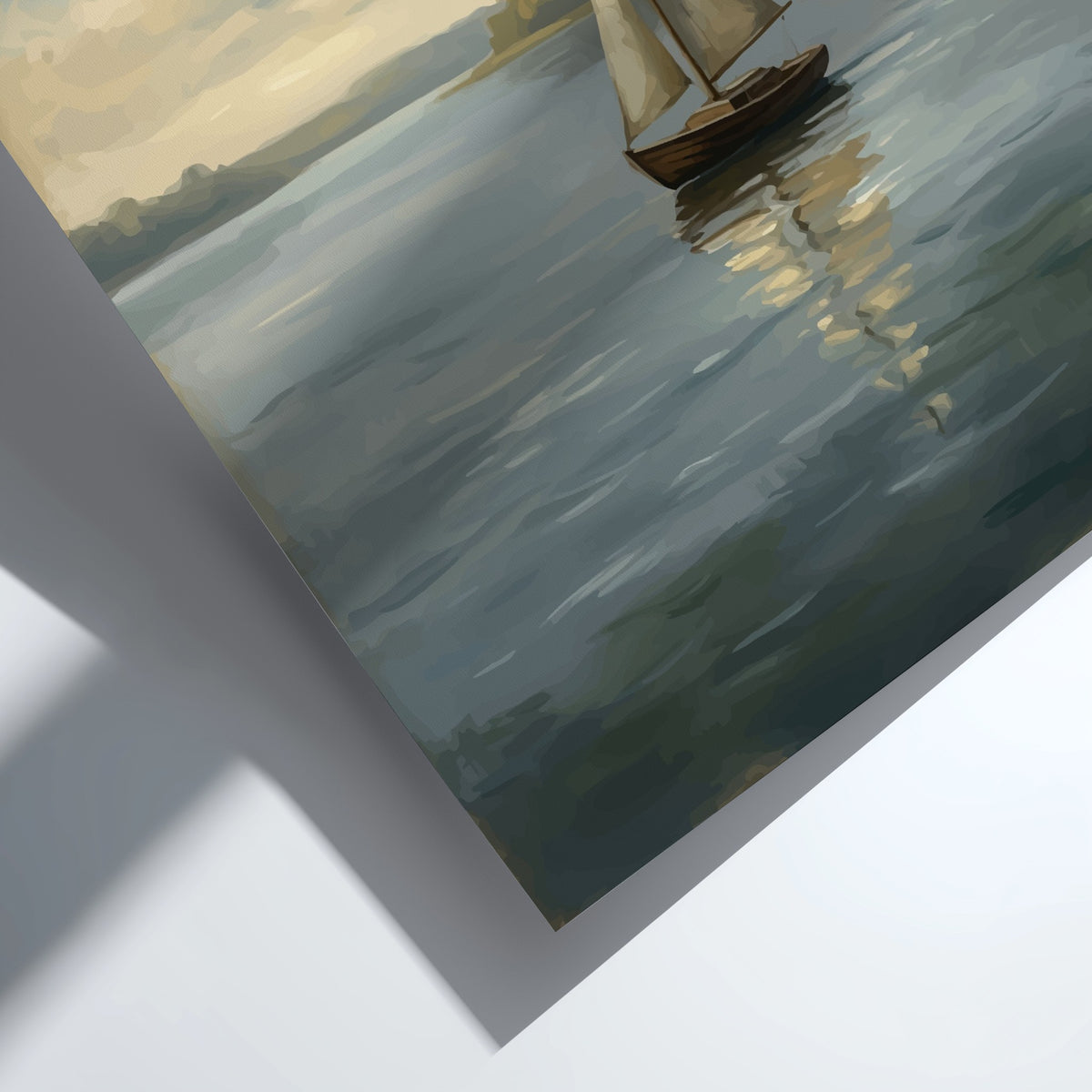 Poster featuring a sailboat drifting on a calm lake under a soft grey sky.