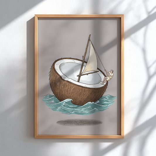 Poster featuring a whimsical coconut shell boat with a sail on turquoise waves