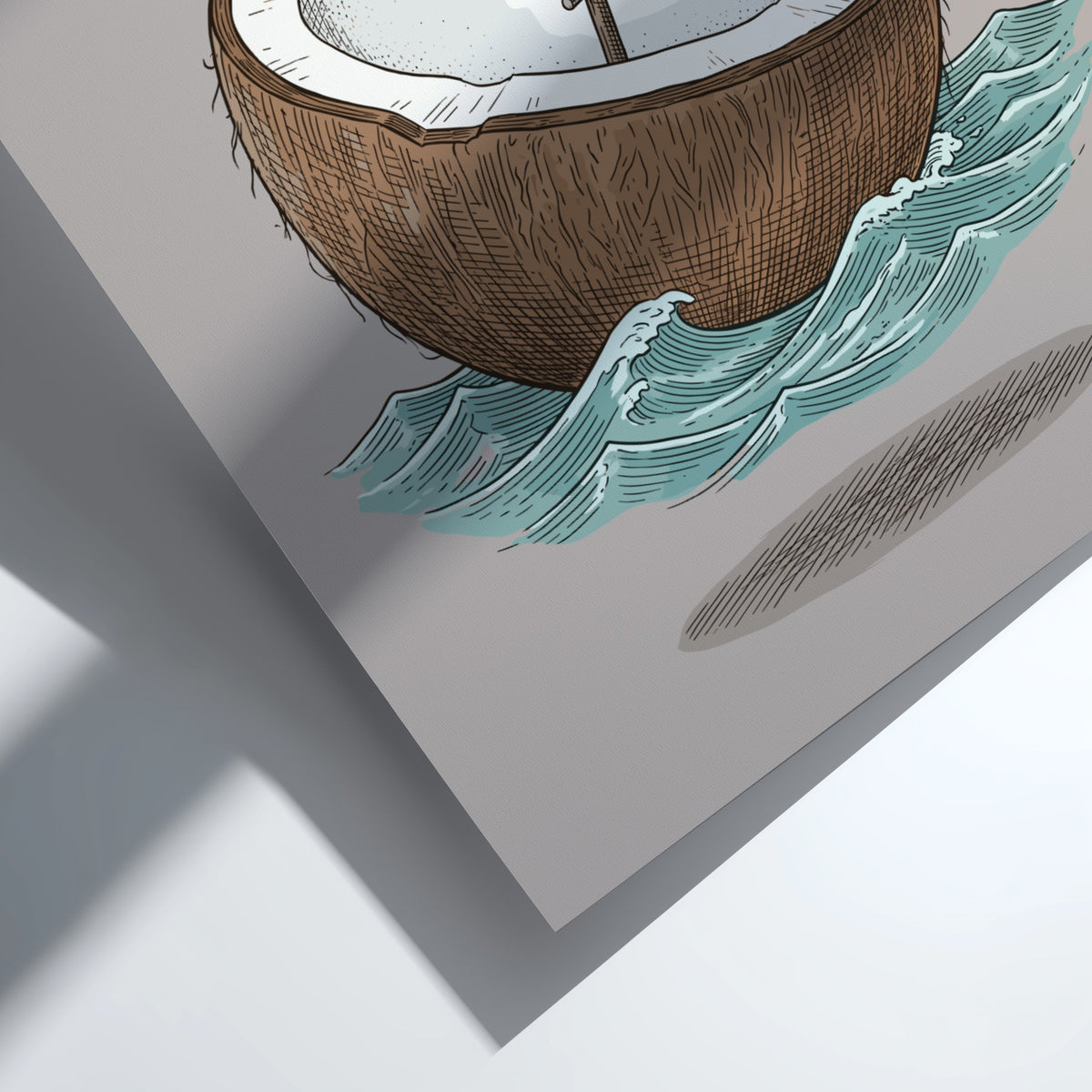Poster featuring a whimsical coconut shell boat with a sail on turquoise waves