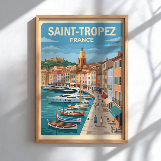 Poster of Saint-Tropez featuring a sunny harbor with yachts and pastel Mediterranean architecture.