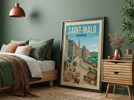 Saint Malo, France travel poster featuring a cobblestone street, historic buildings, and the sea.