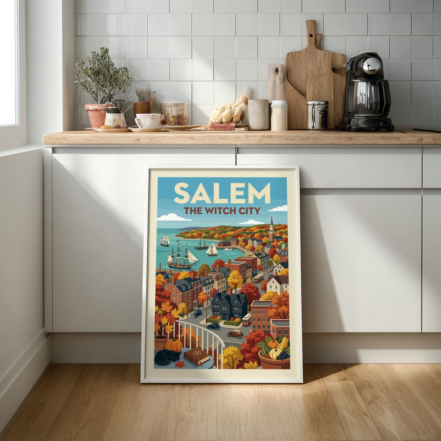 Vintage-style poster of Salem Harbor in autumn, featuring ships, historic buildings, and fall foliage.