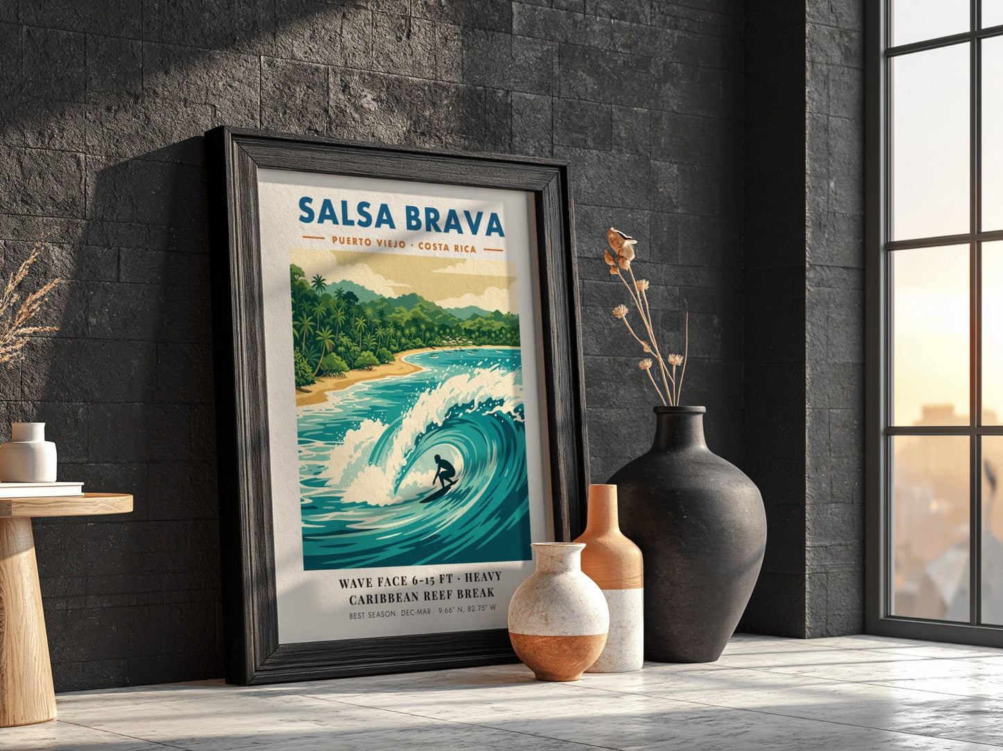 Surf break poster featuring a barrel wave at Salsa Brava in Puerto Viejo Costa Rica