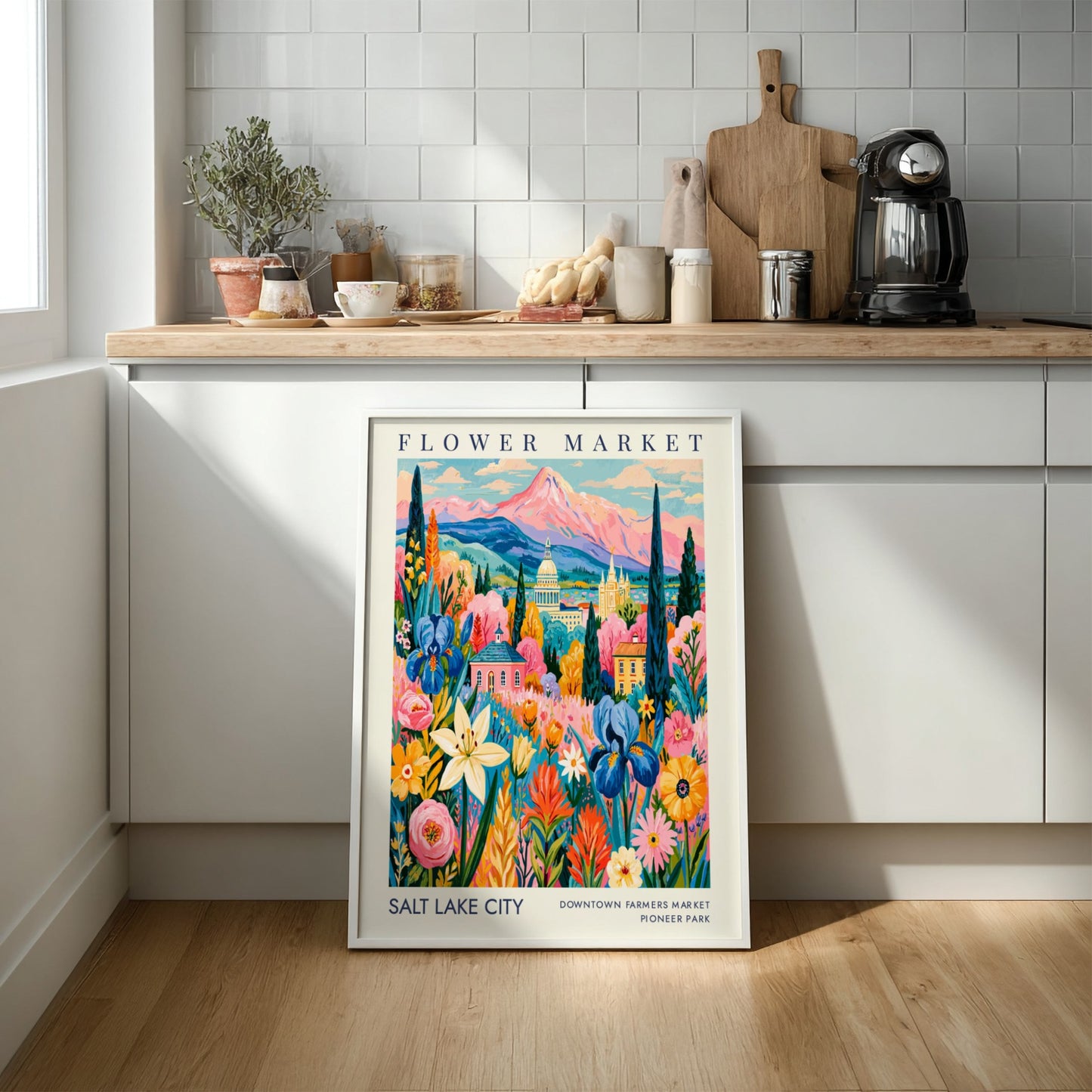 Flower market poster showcasing colorful blossoms and a cityscape in Salt Lake City
