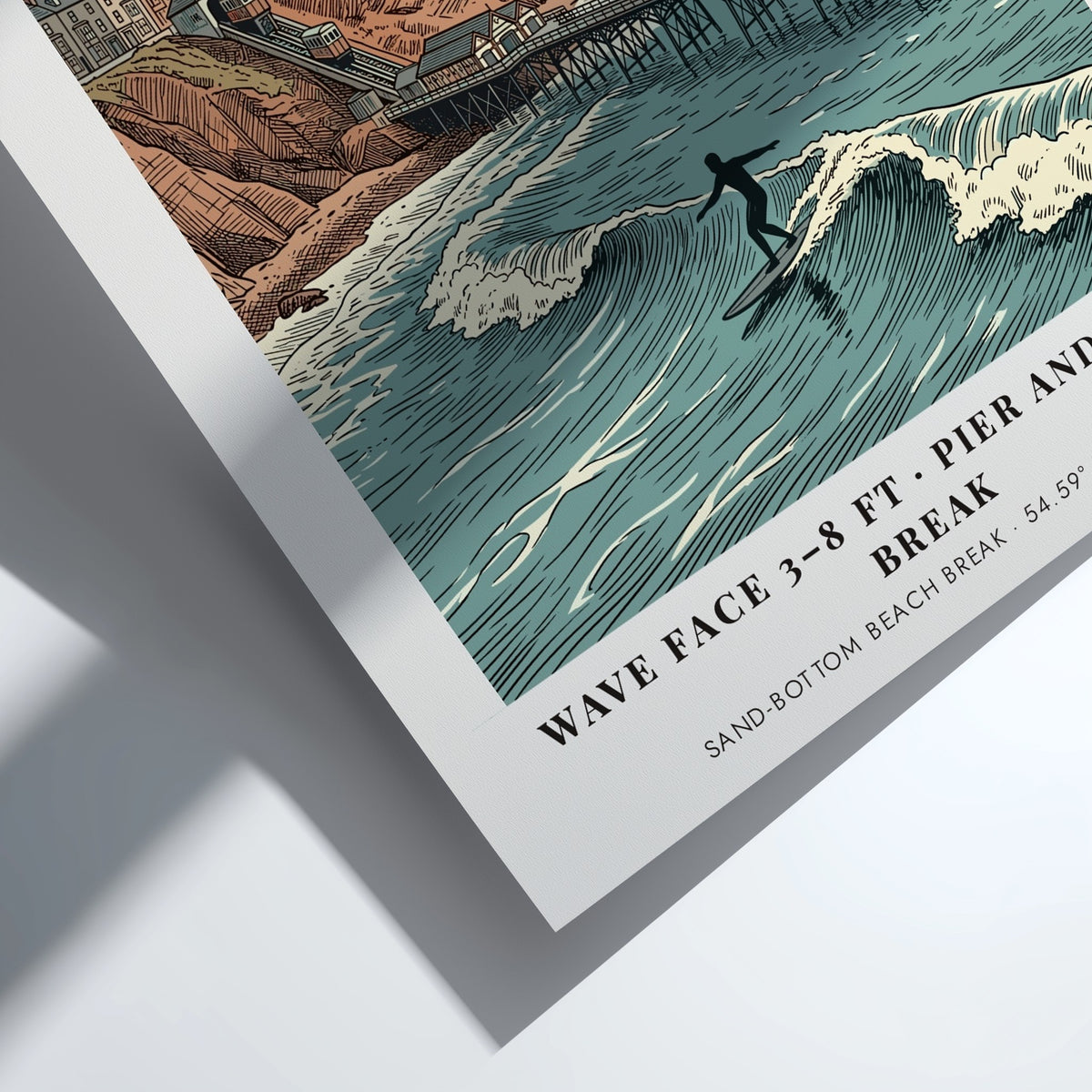 Poster of Saltburn beach featuring a surfer, the pier, and the funicular railway.