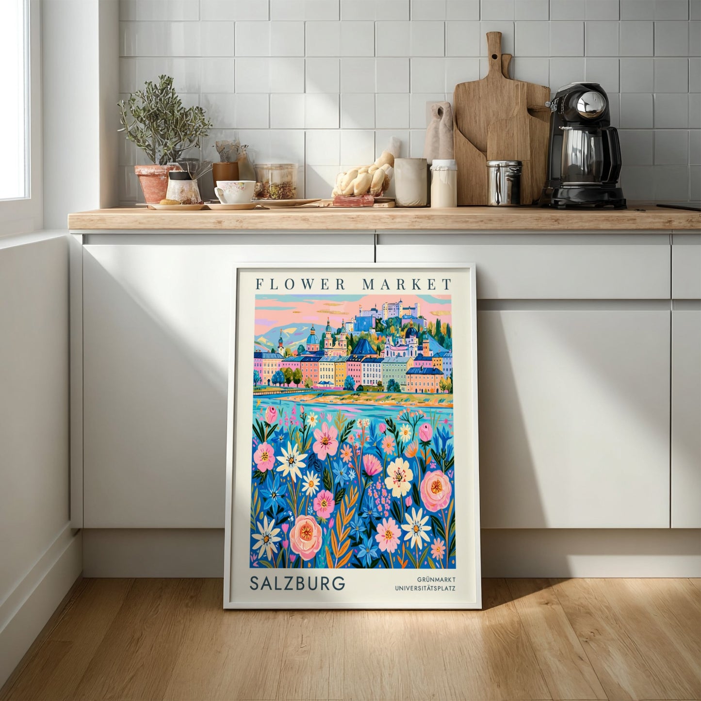 Flower market poster featuring vibrant cityscape with colorful flowers and historic buildings