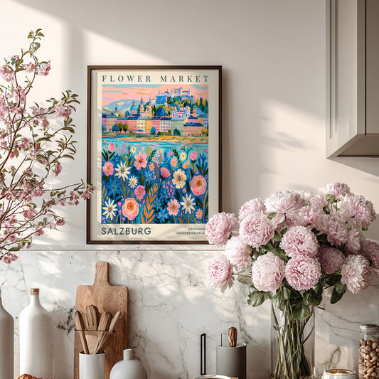 Flower market poster featuring vibrant cityscape with colorful flowers and historic buildings