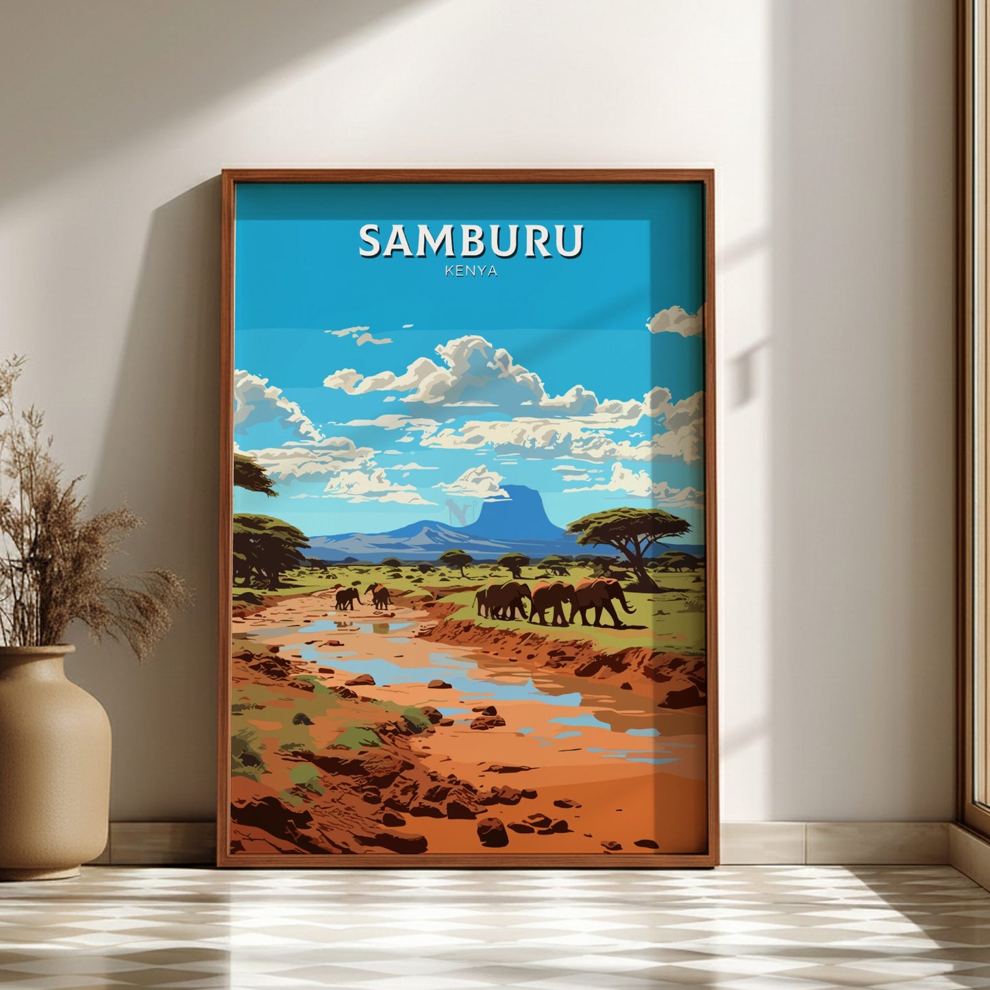 Framed artwork of Samburu Kenya with elephants and landscape.