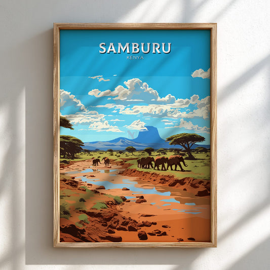 Framed artwork of Samburu Kenya with elephants and landscape.