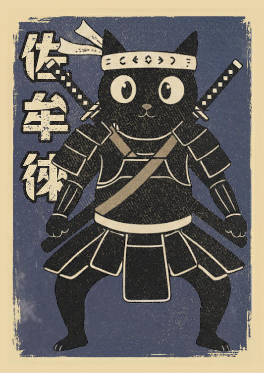 Cat in samurai costume with text on a blue background