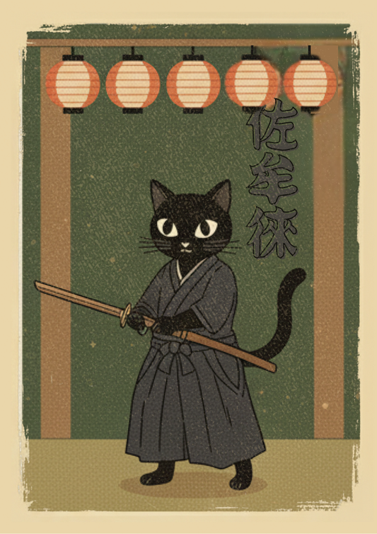 Illustration of a black cat in a samurai outfit with Japanese text and lanterns in the background.