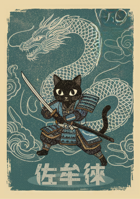 Illustration of a black cat in samurai attire with a dragon on a blue background