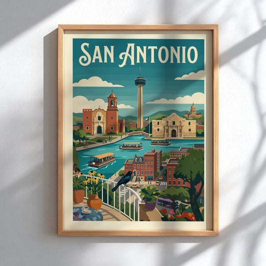 San Antonio skyline poster with River Walk, Alamo, and Tower of the Americas in a retro art style.