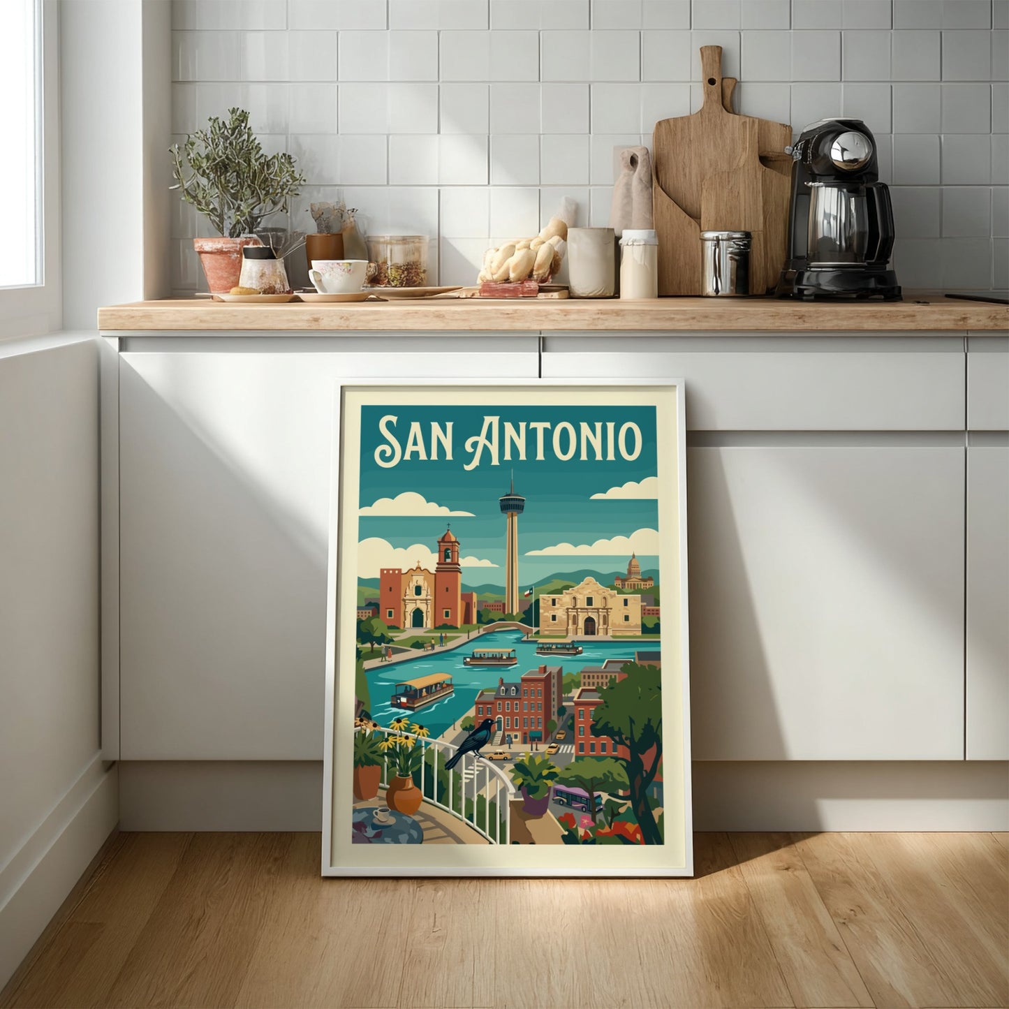 San Antonio skyline poster with River Walk, Alamo, and Tower of the Americas in a retro art style.