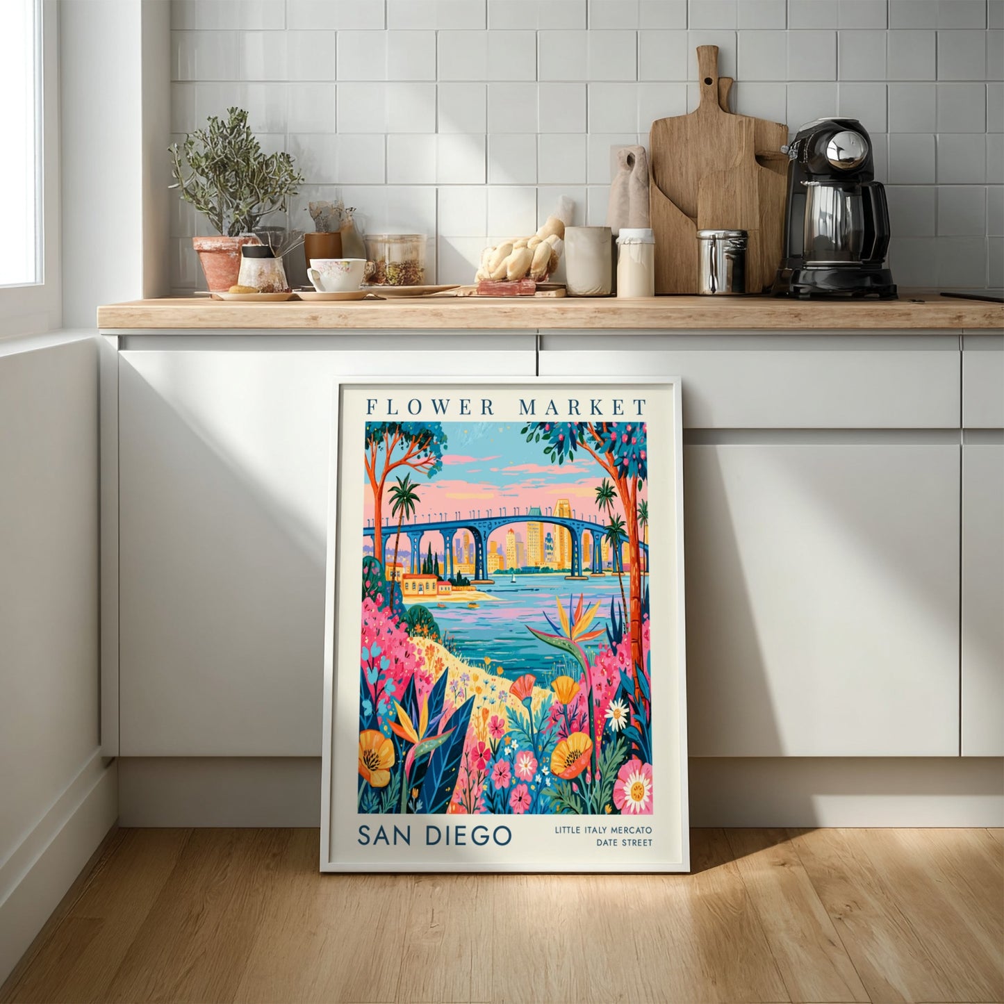 Flower market poster showcasing vibrant blooms and San Diego skyline in colorful style