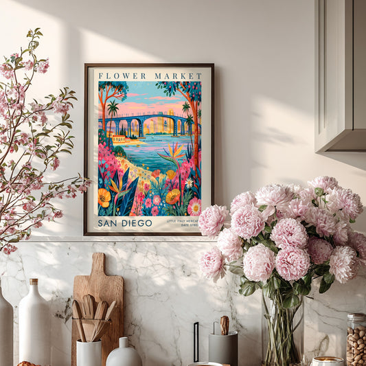 Flower market poster showcasing vibrant blooms and San Diego skyline in colorful style