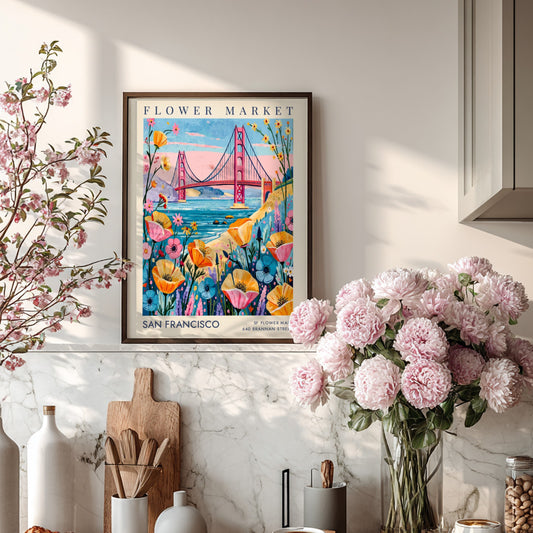 Flower market poster showcasing colorful blooms and the Golden Gate Bridge in San Francisco