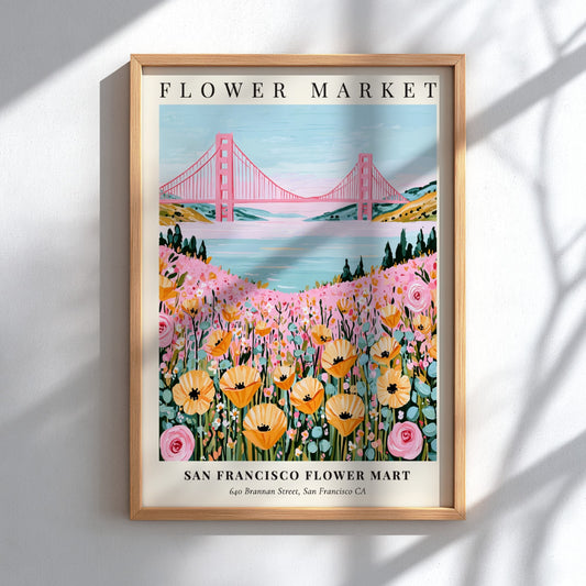 Floral print featuring wildflowers and the Golden Gate Bridge in pastel colors