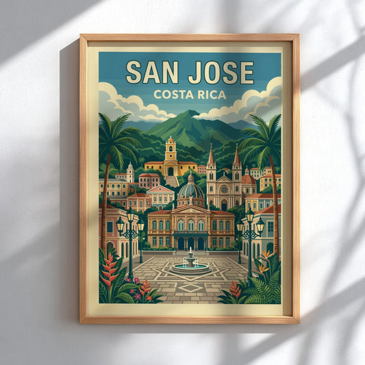 Retro San Jose Costa Rica travel poster featuring cityscape, mountains, and palm trees.